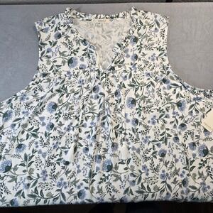Angels Forever Young Womens 3X Floral Sleeveless Blouse White Blue Tassels NEW